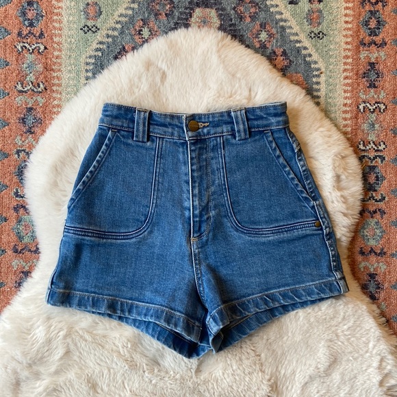 Wrangler Pants - Wrangler x urban outfitters high rise waisted denim shorts blue jean hi bells xs